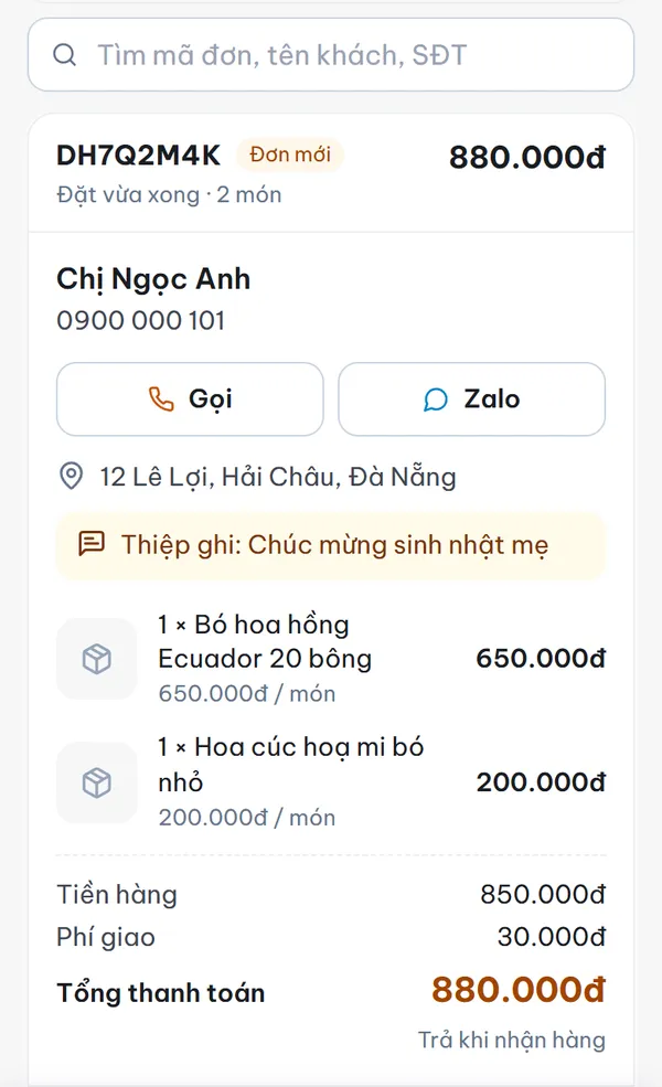 Màn Đơn hàng trong trang quản trị web, trên điện thoại