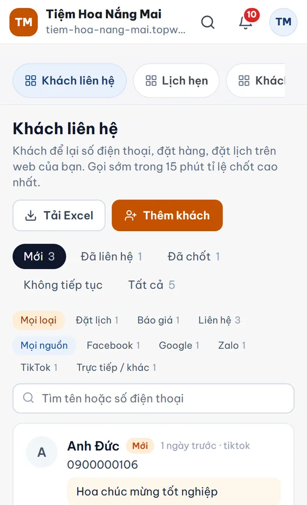 Màn Khách liên hệ trong trang quản trị web, trên điện thoại