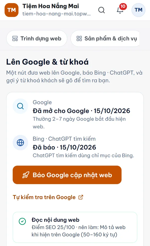 Màn Lên Google trong trang quản trị web, trên điện thoại