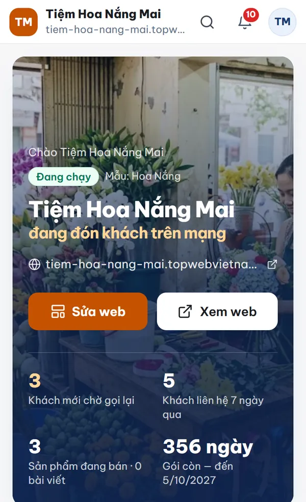 Màn Tổng quan trong trang quản trị web, trên điện thoại