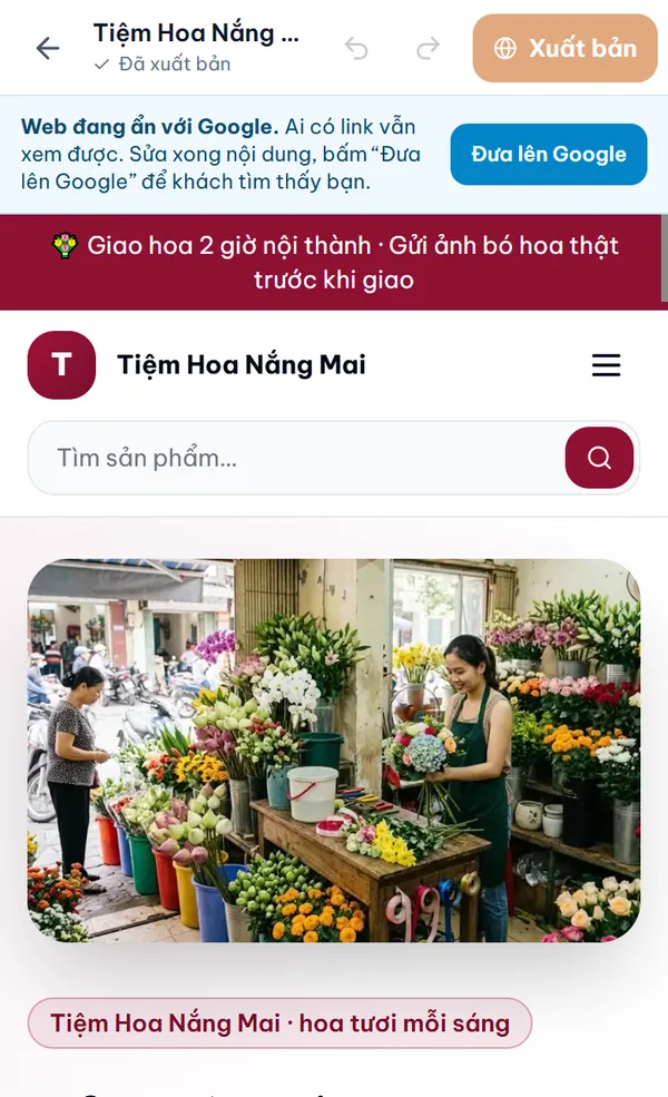 Màn Sửa web trong trang quản trị web, trên điện thoại